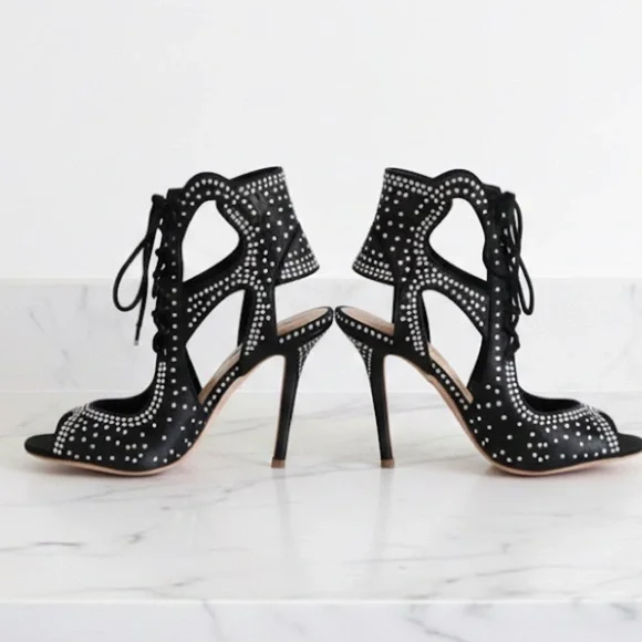 Sophia Webster Satin Crystal Embellished Lace-Up Black Strappy Heels Size 7 / 37